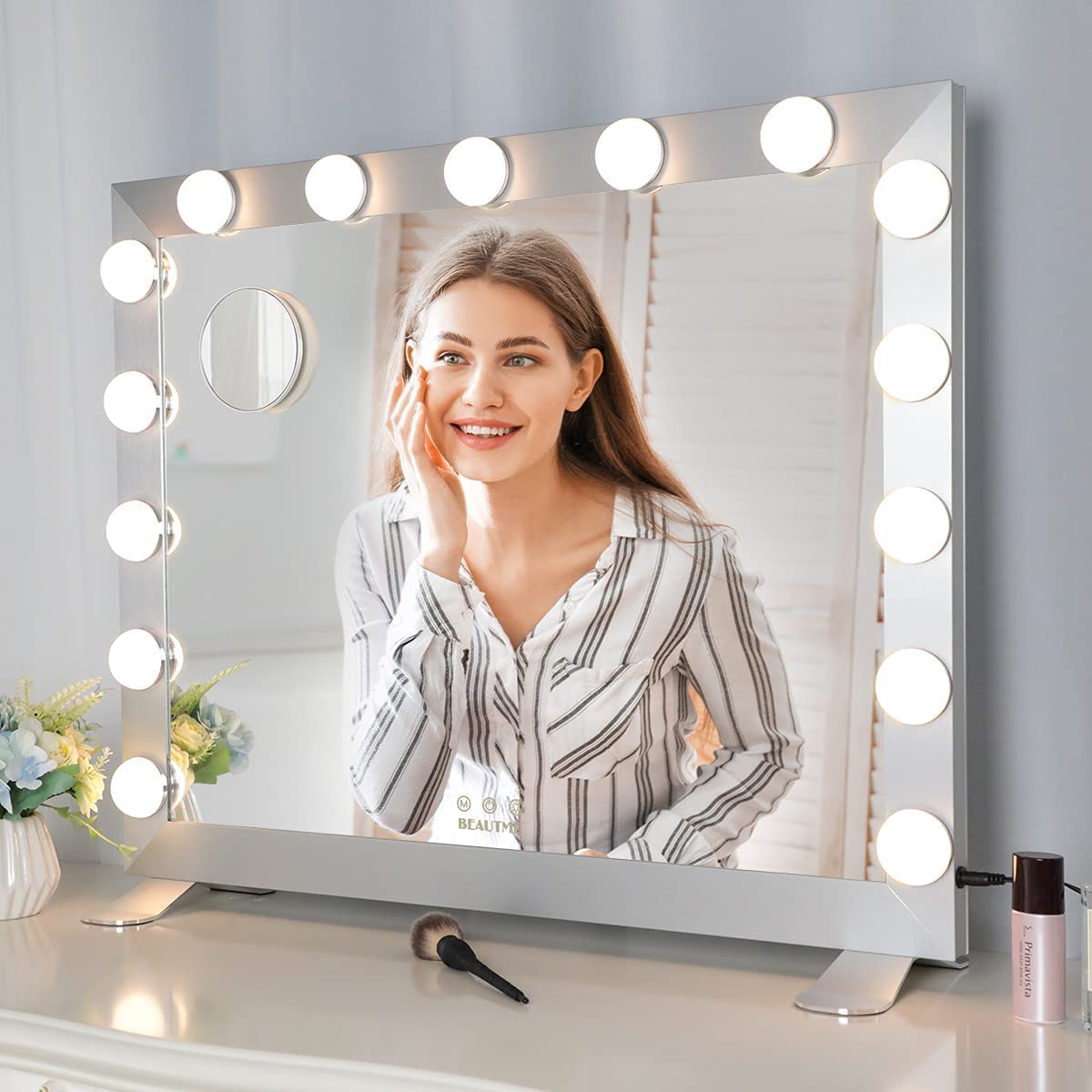 Vanity Mirror with Lights, Large Hollywood Lighted Vanity Mirror with 15  Dimmable LED Bulbs, Smart Touch Control, Tabletop or Wall-Mounted,  Detachable 10x Magnification, 27