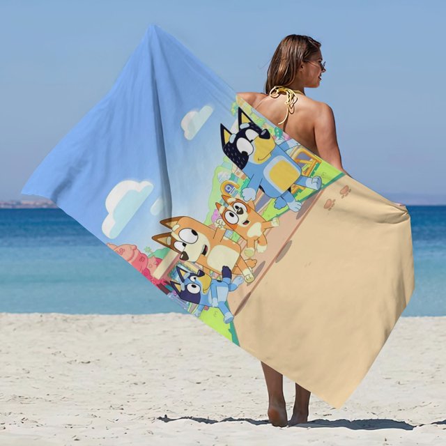 Toalla cuadrada Bluey con fibras ultrafinas alrededor de los bordes, toalla de playa cuadrada con Material de toalla y toalla de baño de estilo Bluey