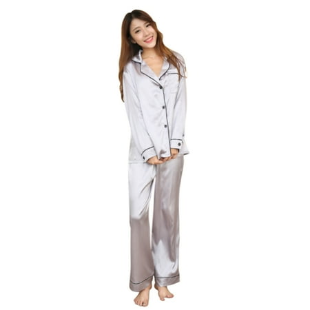 

Women Satin Pajamas Set Long Sleeve Tops+Long Pants Sleepwear Pajamas Suit Spring Homewear Satin Long Sleeve Tops Long Pants Soft Women Spring Autumn Homewear Sleeping Accessories 2XL Silver Grey