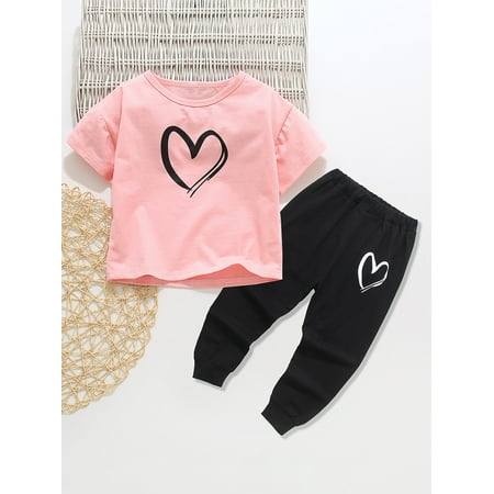 

Toddler Girls Heart Print Tee With Sweatpants Multicolor Casual A040W