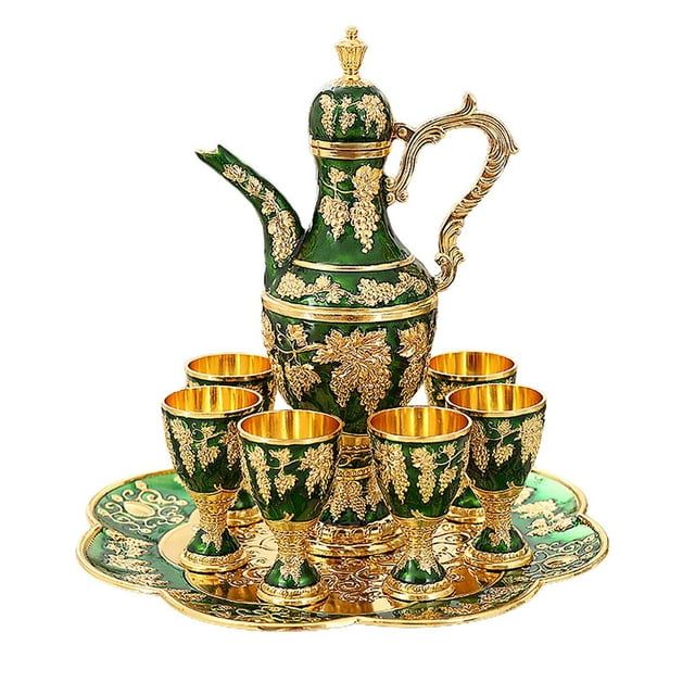 Juego de tetera vintage europea, juego de jarras de cristal y metal para decoración del hogar, juego de tetera turca Verde
