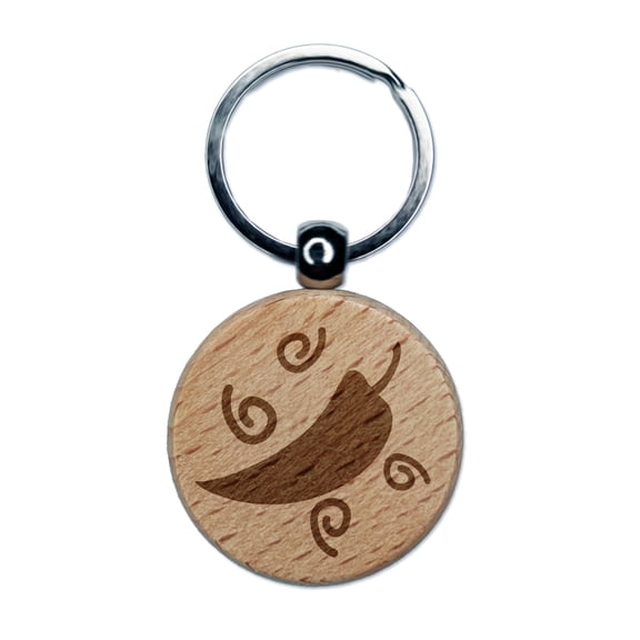 Chili Pepper with Swirls Fiesta Round Keychain Charm Tag - Engraved Wood