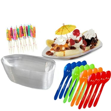 16 Pk Clear Plastic Banana Split Boats, Spoons and Umbrellas
