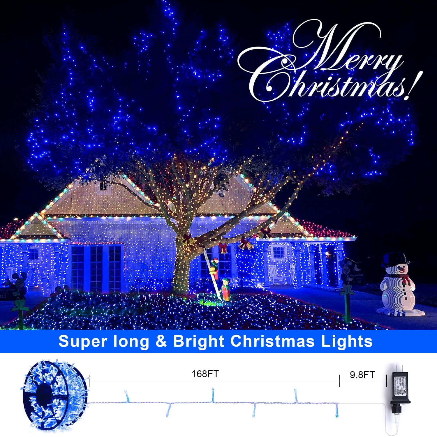 JMEXSUSS 600 LED Blue String Lights Outdoor Waterproof 8 Modes Blue Christmas Tree Lights Plug in Blue Christmas Lights for Bedroom, Fireplace, Halloween, Party, Christmas Decorations