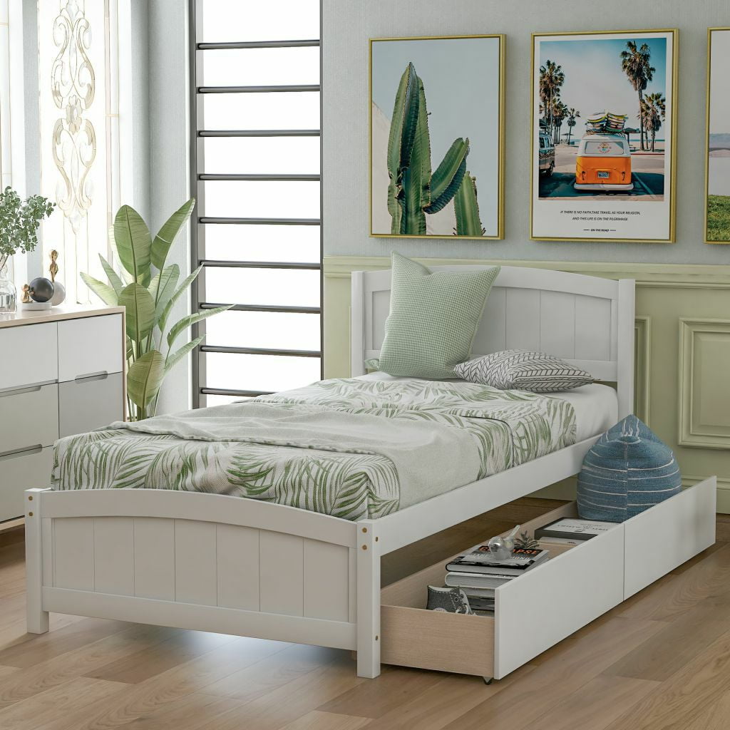 Twin Bed with Trundle,Twin Bed with Two Drawers,Solid Wood Captains Bed