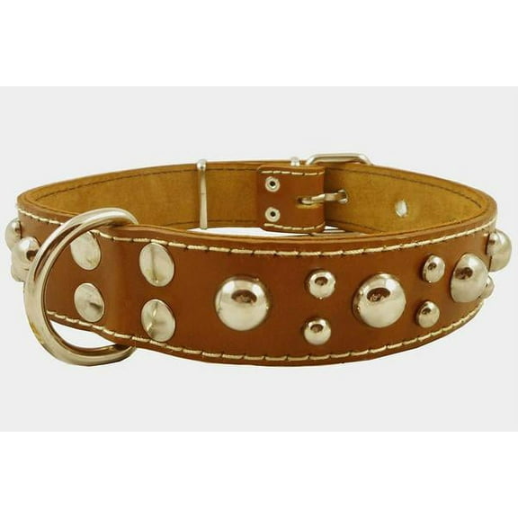 Genuine 1.5" Wide Thick Leather Studded Dog Collar. Tan, Fits 17"-21.5" Neck, Large Breeds.