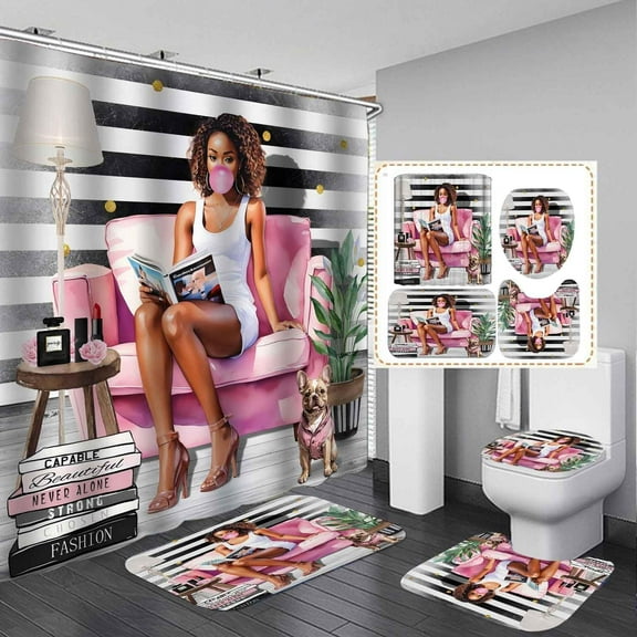 4PCS Fashion Shower Curtain Sets With Rugs, Black White Striped Shower Curtain, Girly Magazine Books Pink Floral Peony Leopard Print High Heels Champagne Perfume Lipstick Modern Bathroom Decor