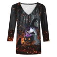 thumbnail image 4 of Craaazy Halloween Plus Size Casual Tops for Women Solid Color V Neck 3/4 Length Sleeve Halloween Printed Stretch Autumn Festival Daily Wear Blouse, 4 of 5