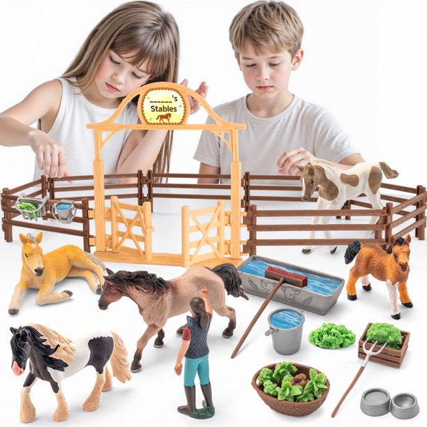 Set de juguetes Horses THINKBAY para niños con establo y 5 figuras de 6 a 12 años