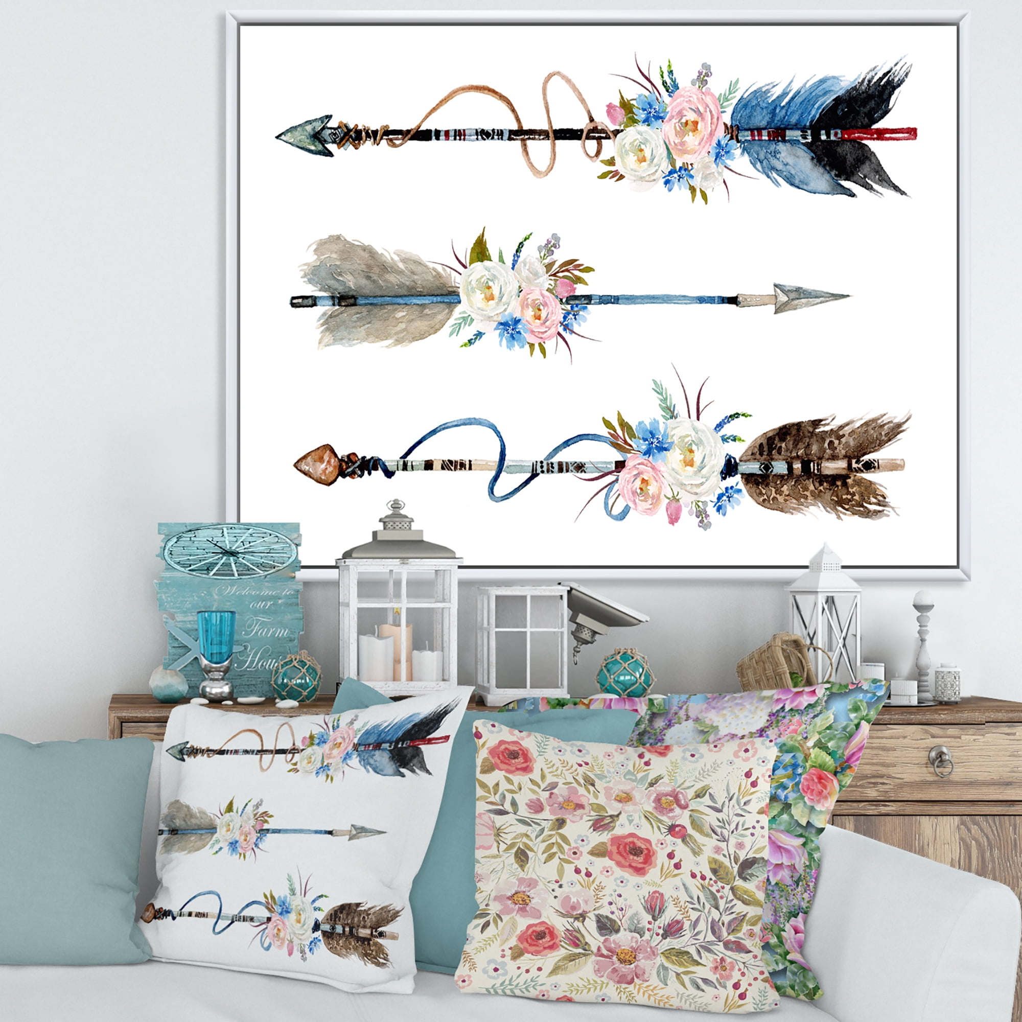 Designart 'Flowers and Ethnic Feathers On Native Arrows I' Bohemian & Eclectic Framed Canvas Wall Art Print