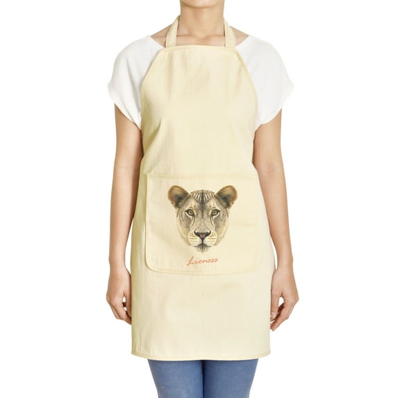 Portrait of a Lioness Printed Khaki Kitchen Apron 27 x 32.5 Inch with Pocket APR