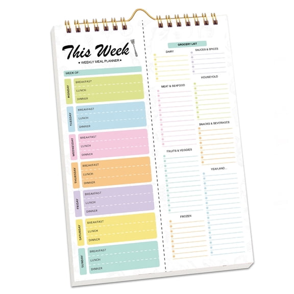Weekly Meal Planner Notebook With Tearable Grocery Lists And Strong Spirals Binding For Organized Kitchen Refrigerator