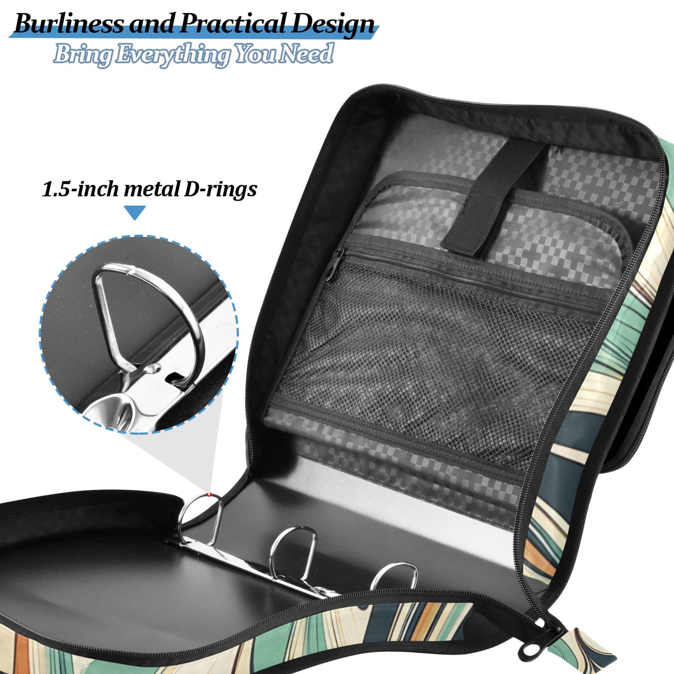3 Ring Zipper Binder with Shoulder Strap Waterproof Trapper Keeper 2 Inch D-Ring 500 Sheets Capacity Teal Orange Marble