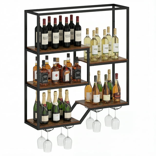 Gymax Wall Mounted Wine Rack 6-Tier Hanging Bar Shelf w/ Bottle Display Shelf
