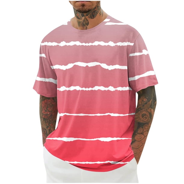 Camisetas de Manga Corta para Hombre, Blusa Casual de Cuello Redondo de Impresión de Gradiente, Camiseta Deportiva de Poliéster de Moda