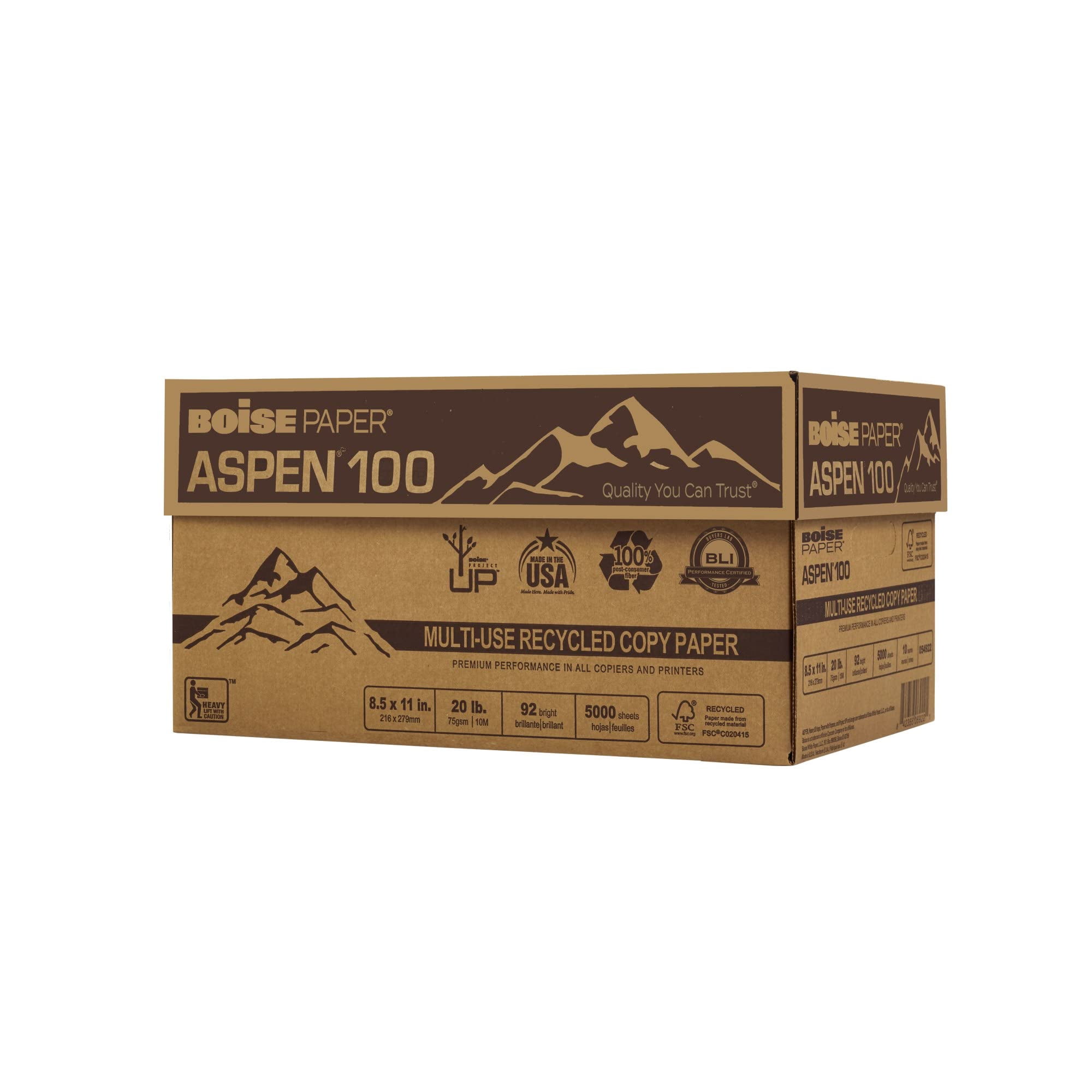 Boise ASPEN 100% Multi-Use Recycled Paper, 92 Bright, 20lb, 8-1/2 x 11, White