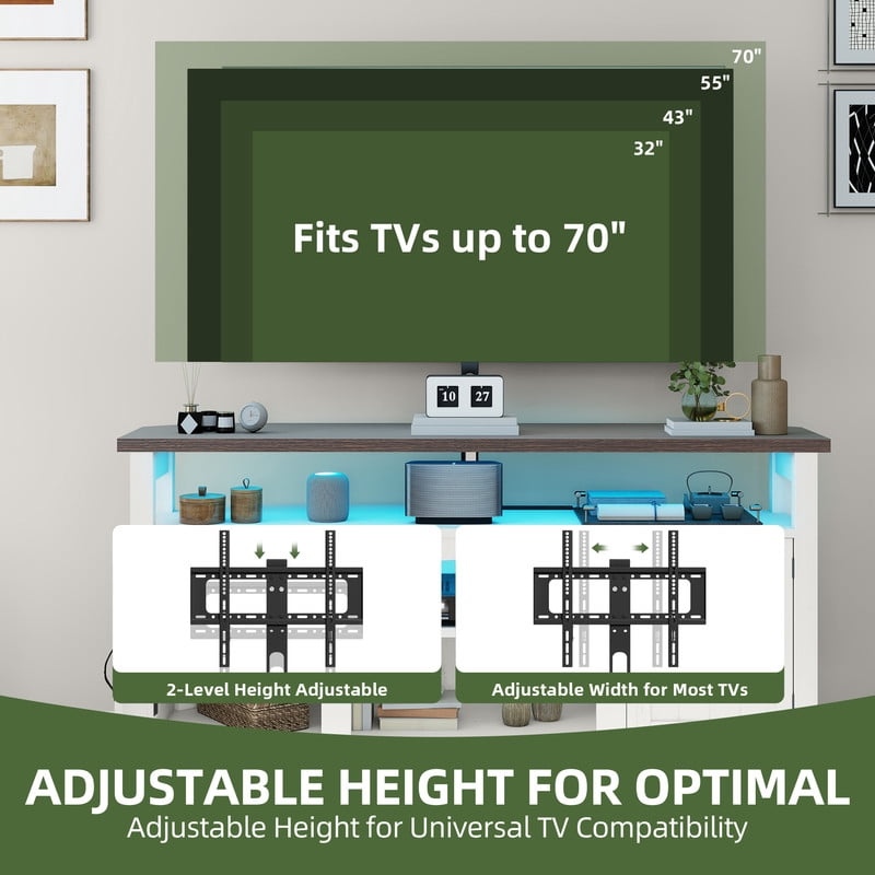 Uforic TV Stand with Mount & LED Lights, Farnhouse Entertainment Center with Power Hub for 70 Inch TV, Warm White