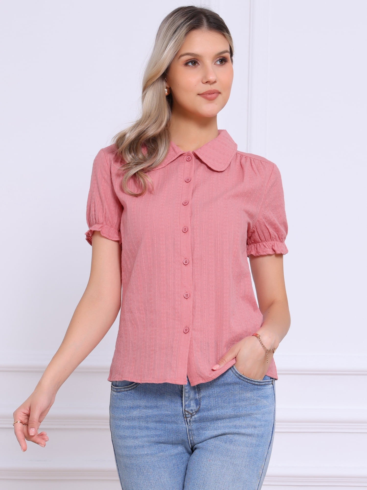DARING DIVA Women's Collar Shirt Cotton Short Sleeve Button Down Shirt M Dark Pink