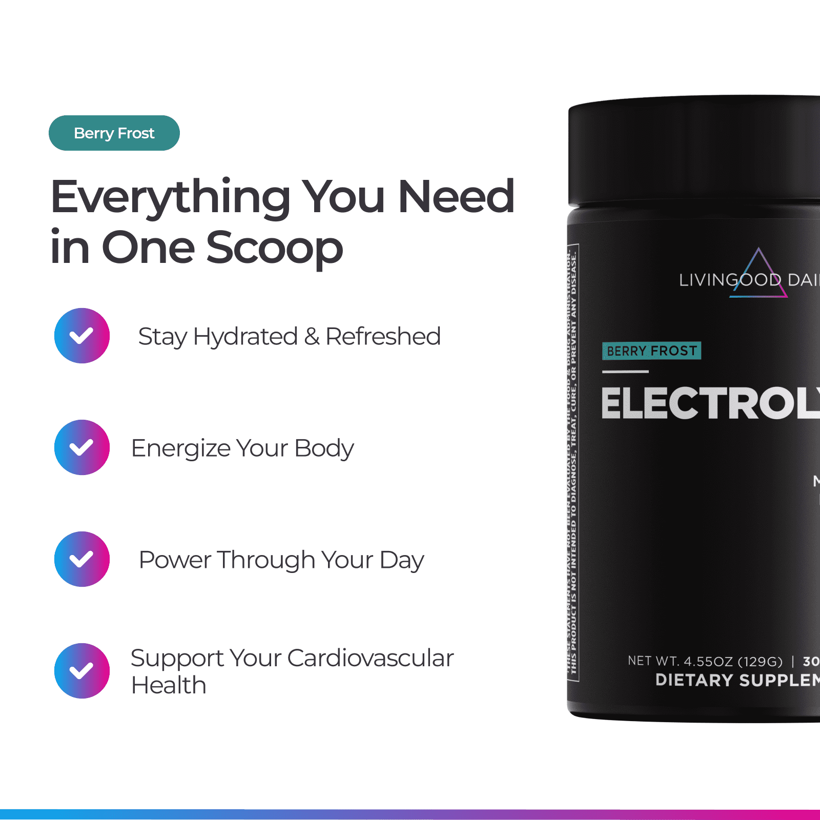 Livingood Daily Electrolytes Powder, Electrolytes Hydration Drink Mix With Vitamin C, Magnesium, Taurine & Sea Salt, Electrolyte Supplement For Energy & Hydration, Keto, Berry Frost Flavor, 30 Srvgs