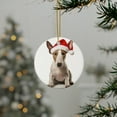 thumbnail image 3 of DistinctInk Hanging Ceramic Christmas Tree Ornament with Gold String - Great Gift/Present - 2 3/4 inch Diameter - Miniature Bull Terrier Design, 3 of 4