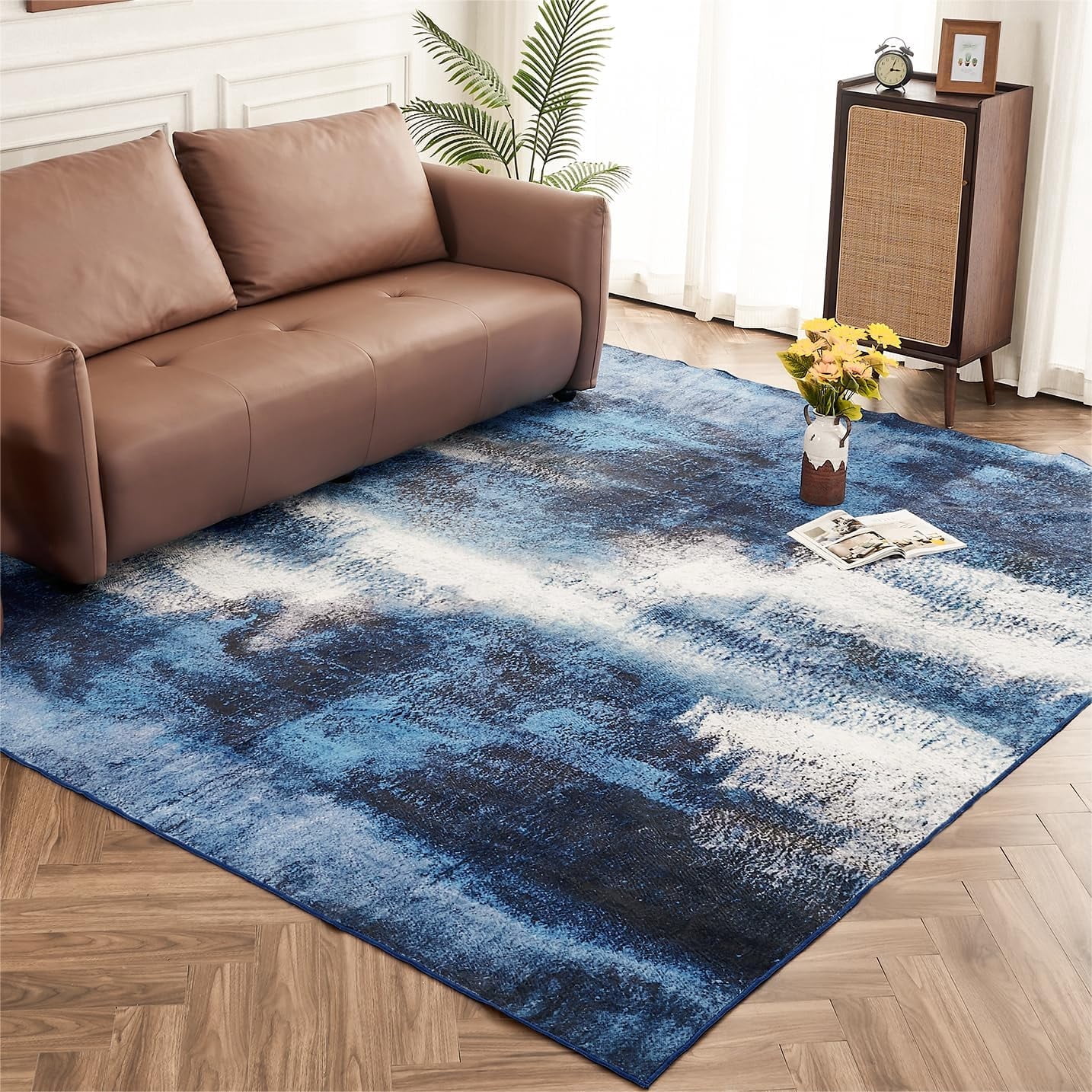 OMERAI Machine Washable Rugs 9'x 12' Modern Abstract Non Slip Rug for Living Room, Bedroom Rug, Farmhouse, Dining Room, Indoor, Blue