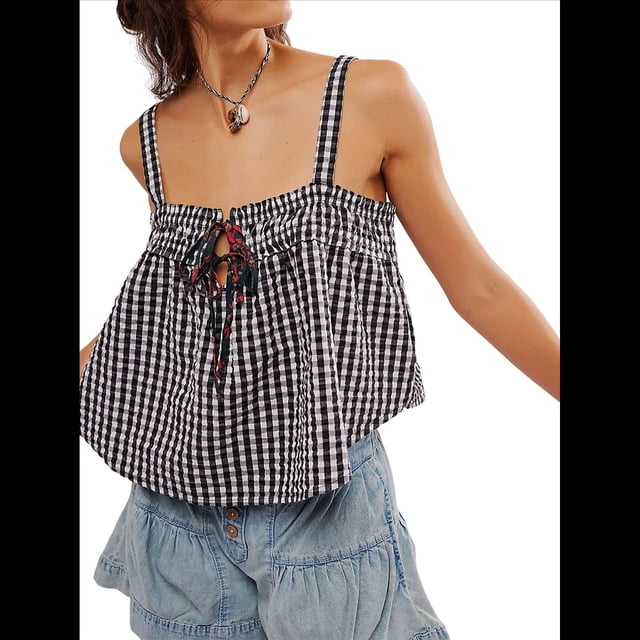 Camiseta Sin Mangas Y2K para Mujer, con Tirantes Finos, Peplum, Sin Mangas, con Lazo en la Parte Delantera y Bajo con Volantes, Ropa de Calle. Negro XL