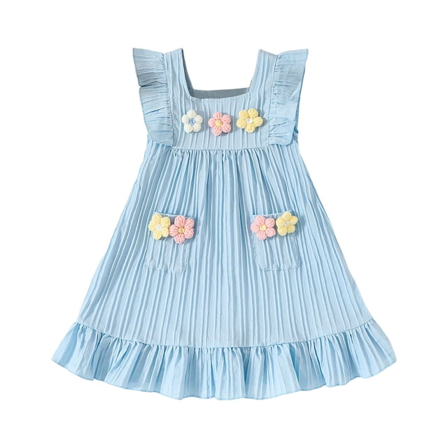 2DXuixsh Robes pour Filles Florales Ligne A Évasée Longueur Genou Robe Sans Manches Mode Confortable Décontractée à Volants pour Filles Bleu Clair 2-3 Ans