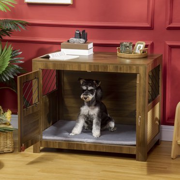 Image showcasing PawHut Wooden Dog Crate Furniture with Soft Cushion, Dog Crate End ...