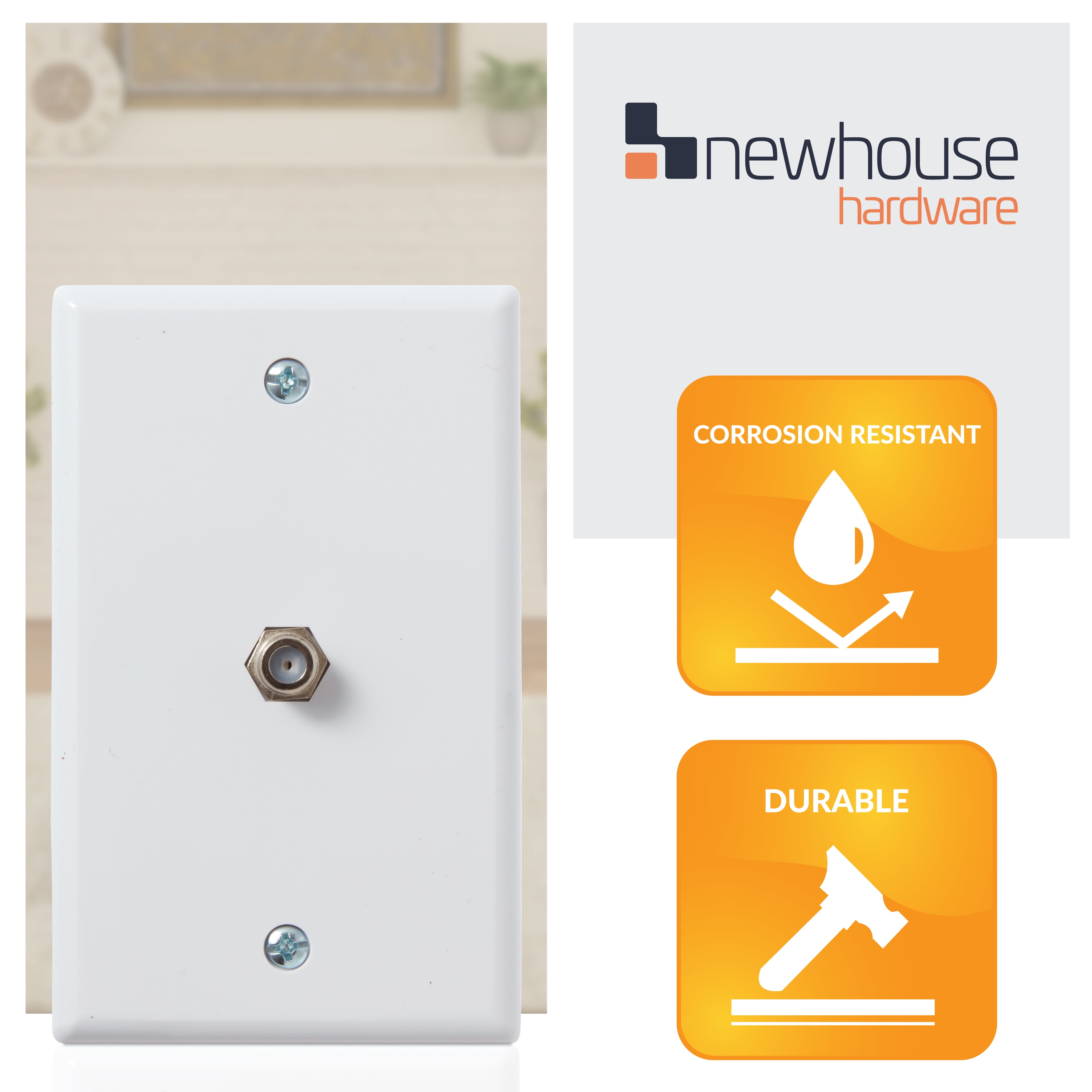 Newhouse Hardware 2-Port TV Cable Wall Plate, F Connector, for Coax Cable, Double Gang Video Wall Jack, 5-Pack, White