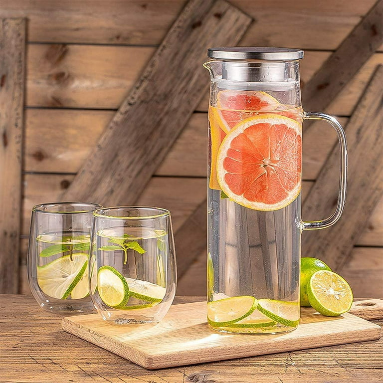 Glass Carafe Pitcher Clear ZERO LEAD For Water, Wine, Milk, Juice, Mimosa  Bar With Lids 1 Liter 34 Ounces PACK OF 3