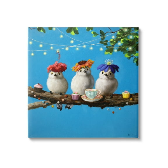 Stupell Industries Floral Birds Relaxing Teatime Cupcakes Tree Branch Novelty Painting Gallery-Wrapped Canvas Print Wall Art, 24 x 24, Design by Lucia Heffernan