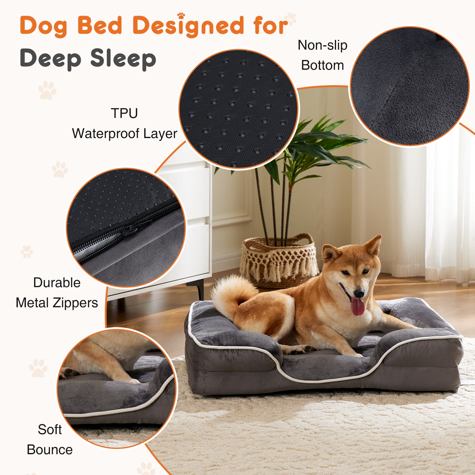 EverPick Memory Foam Pet Bed for Small Dogs & Cats with Washable Removable Cover Non-Slip Base Waterproof Liner - Gray（42*32*6.5")