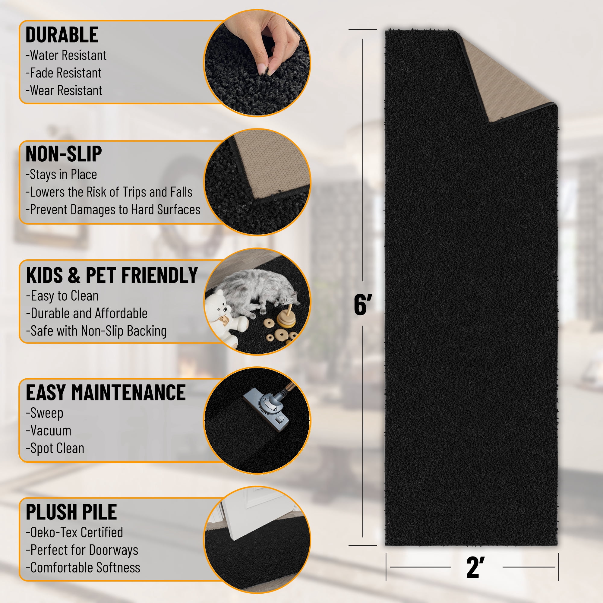 Sweet Home Stores Luxury Non-Slip Rubberback Solid 2x6 Soft Indoor Runner Rug, 2' x 6', Black