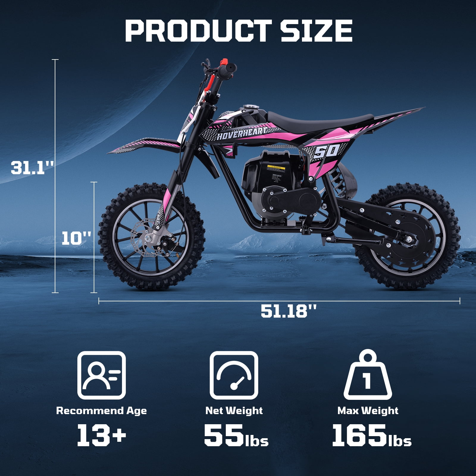 50CC 4-Stroke Dirt Bike for Adults & Teens & Kids,Professional Dirt Bike with Dual Disc Brakes,Double suspension and Anti-slip Off-Road Tires, Gas Dirt Bike Max Load 180 lbs,Pink