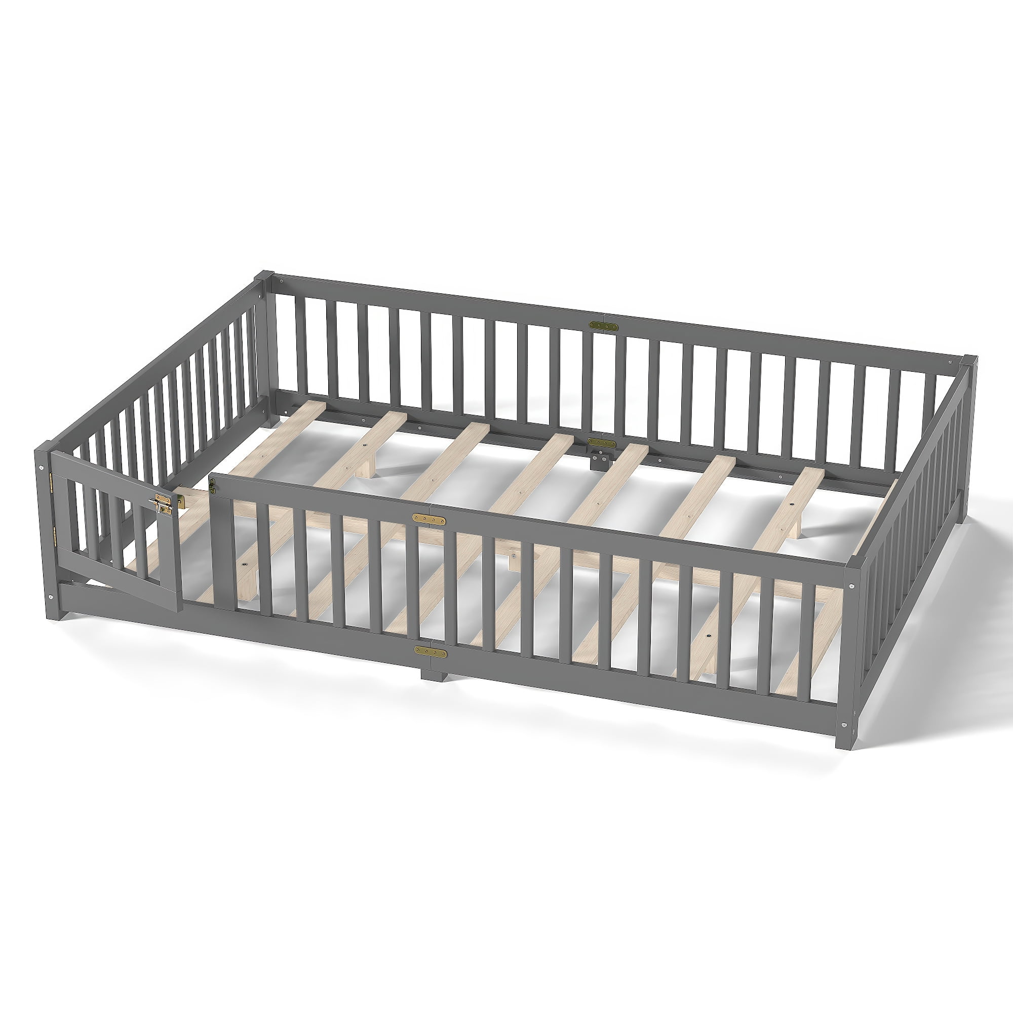 Queen Size Montessori Floor Bed with Rails, Wood Kids Floor Bed with Door and Slats Support, Toddler Bed Montessori Bed for Boys Girls, No Box Spring Needed Design