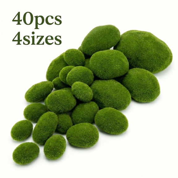 Artificial Moss Rocks Decorative Set 4 Sizes 40PCS Green Moss Balls Stones Garden Rocks - Floral Arrangements, Fairy Gardens, Crafting, and Home Decor