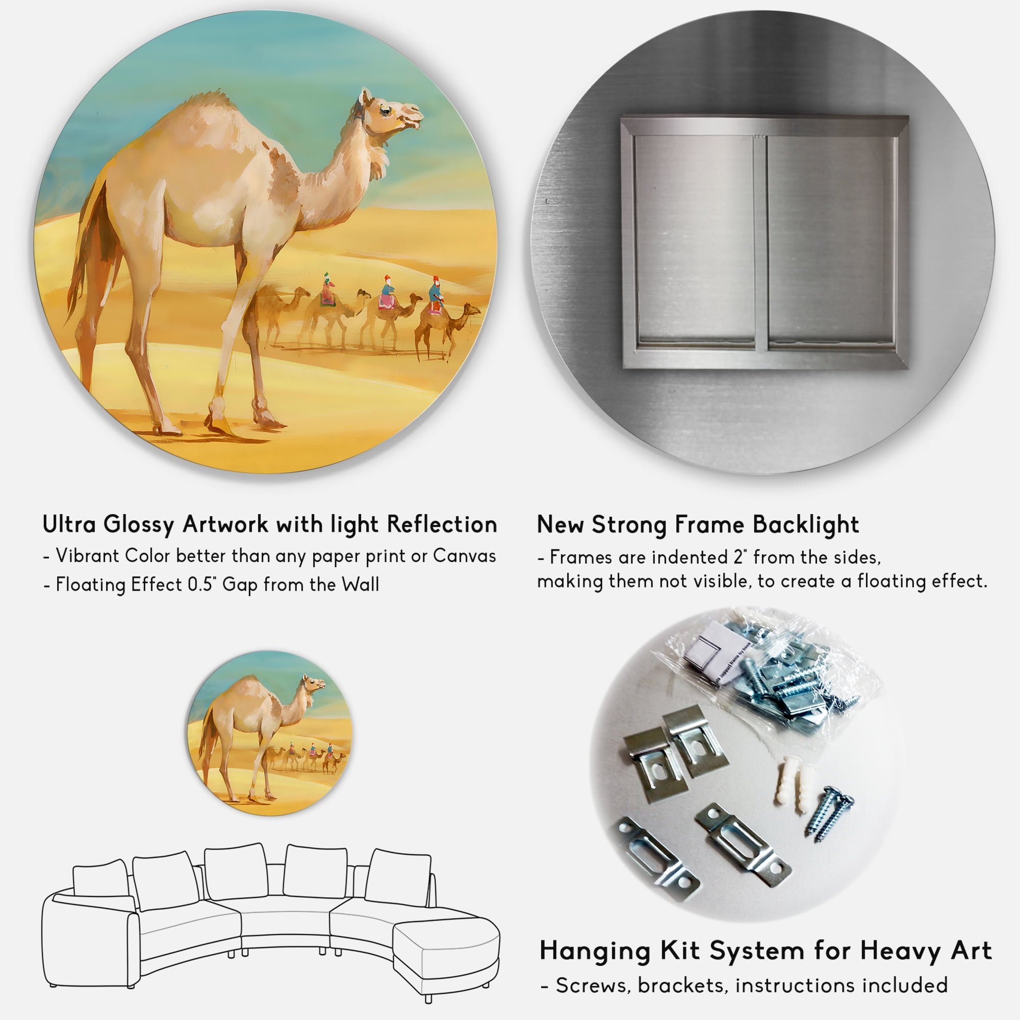 Designart 'Camels In Wild Desert I' Farmhouse Circle Metal Wall Art 36x36 - Disc of 36