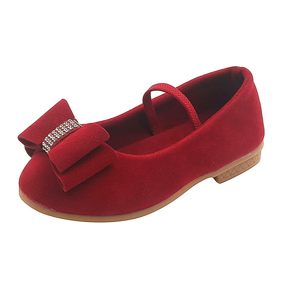 Gyujnb Suede Bow Rhinestone Mary Jane Shoes with Elastic Strap, Round Toe Flat Dress Shoes (Girls),10.5-11 Years