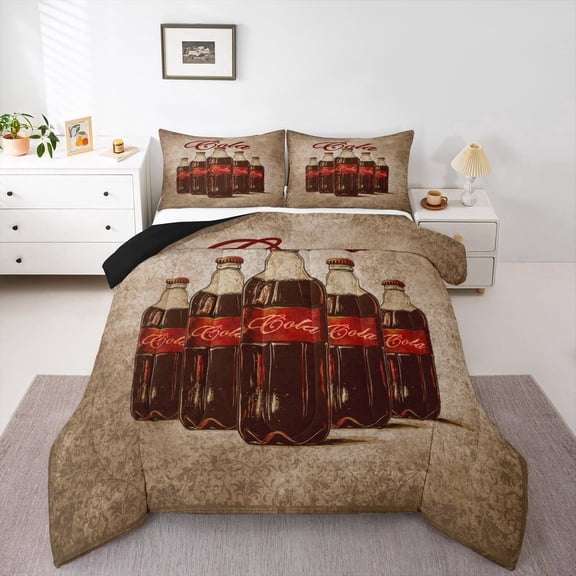 Erosebridal Vintage Cola Comforter Sets Queen Size, Damask Floral Print Comforters & Duvets, Drinks Decor, Reversible 3pcs