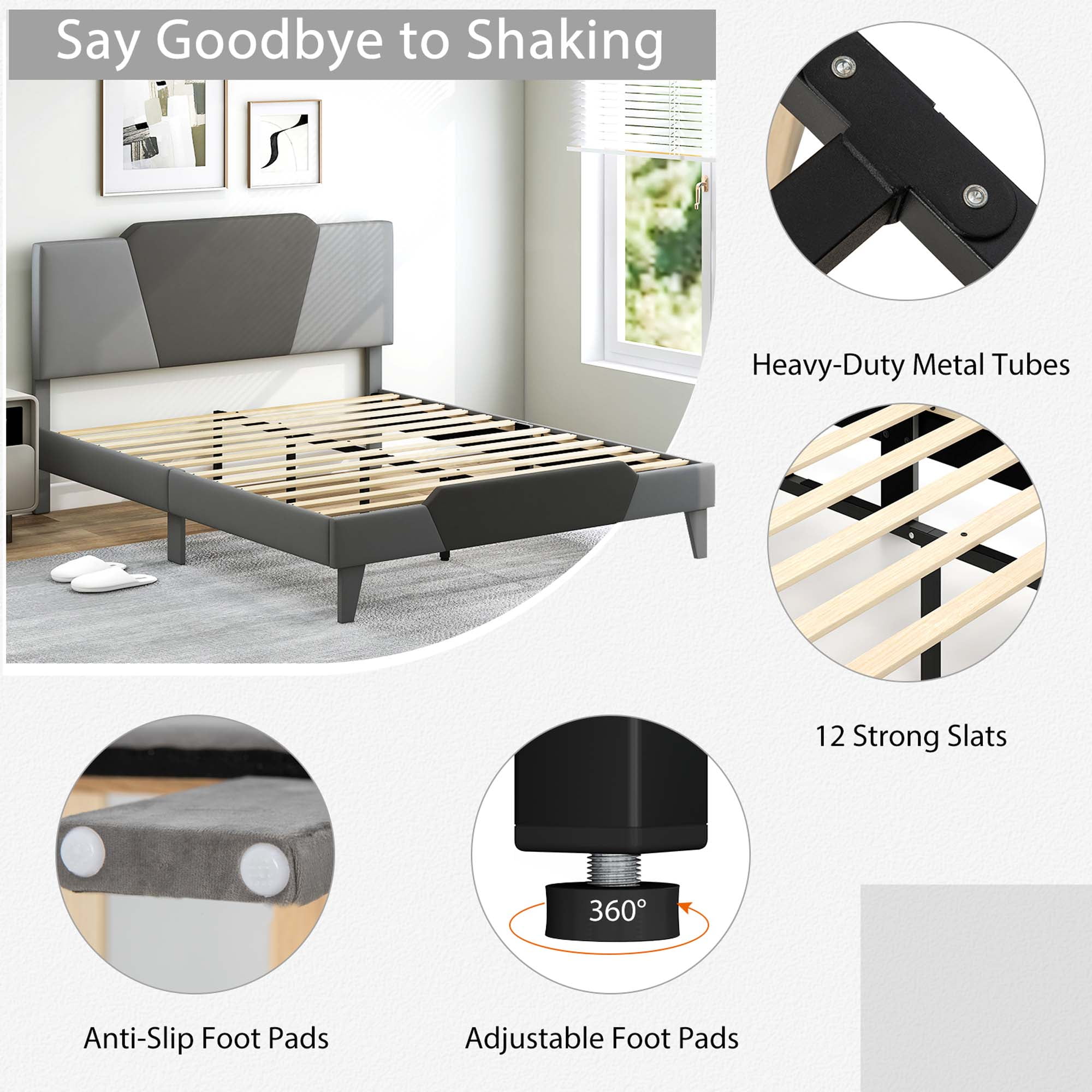 Costway Queen Size Upholstered Platform Bed Frame Velvet Headboard Mattress Foundation