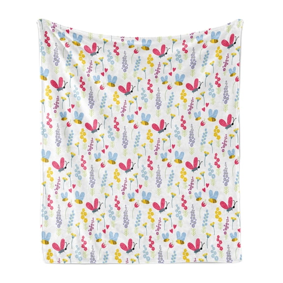 Bee Soft Flannel Fleece Throw Blanket, Love of Nature Summer Flowers and Flying Bees and Insects Illustration Floral Theme, Cozy Plush for Indoor and Outdoor Use, 70" x 90", Multicolor, by Ambesonne