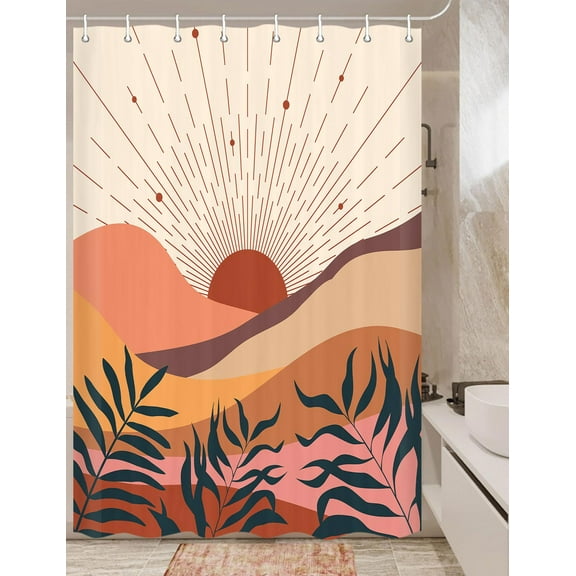 Mid Century Morden Boho Shower Curtain, Abstract Mountain RV Shower Curtain for Camper Trailer Camping Bathroom, Retro RV Fun Camping, Happy Camper Stall Shower Curtain with Hooks Set, 47x64Inches