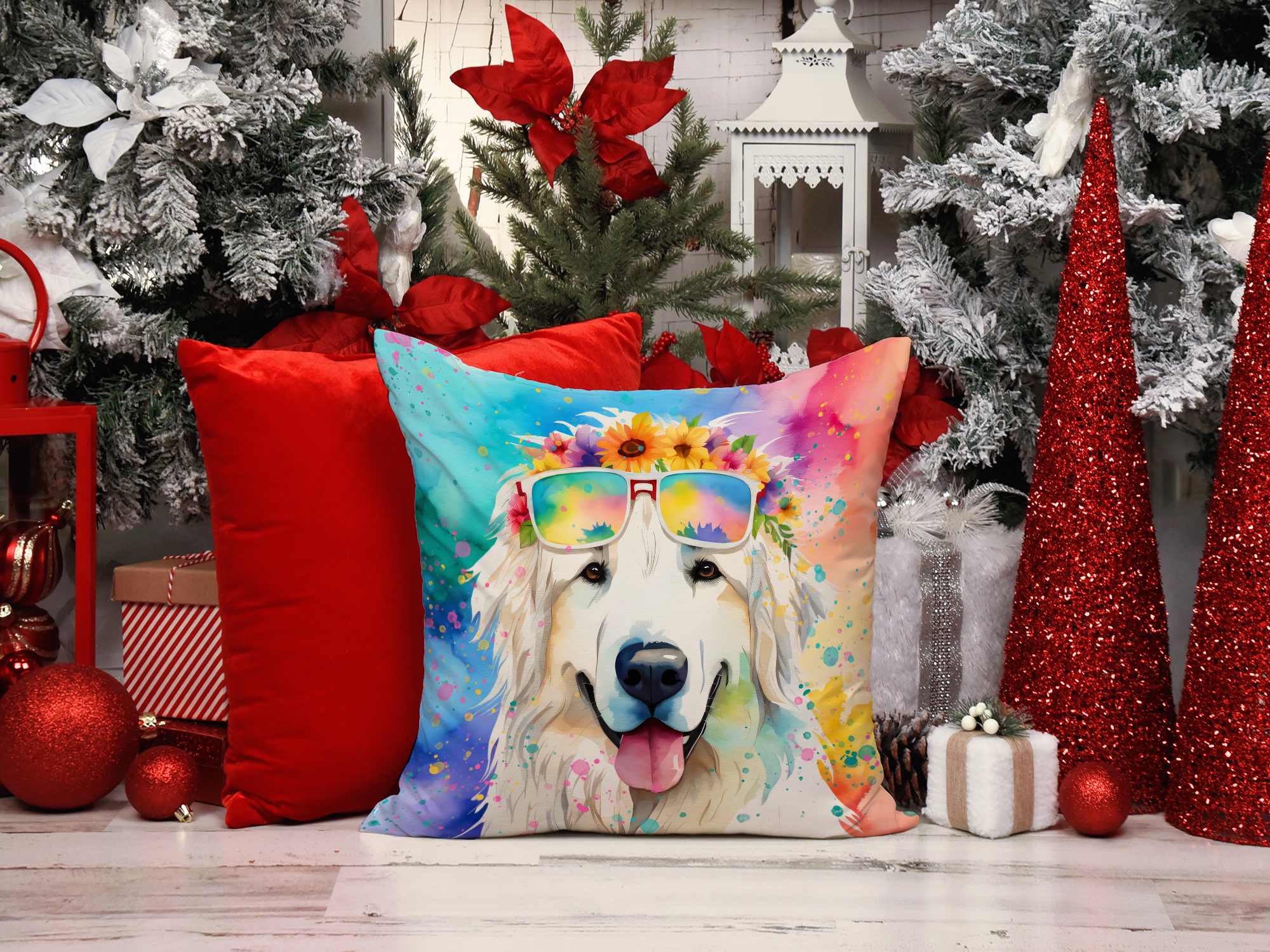 Great Pyrenees Hippie Dawg Fabric Decorative Pillow 14 in x 14 in