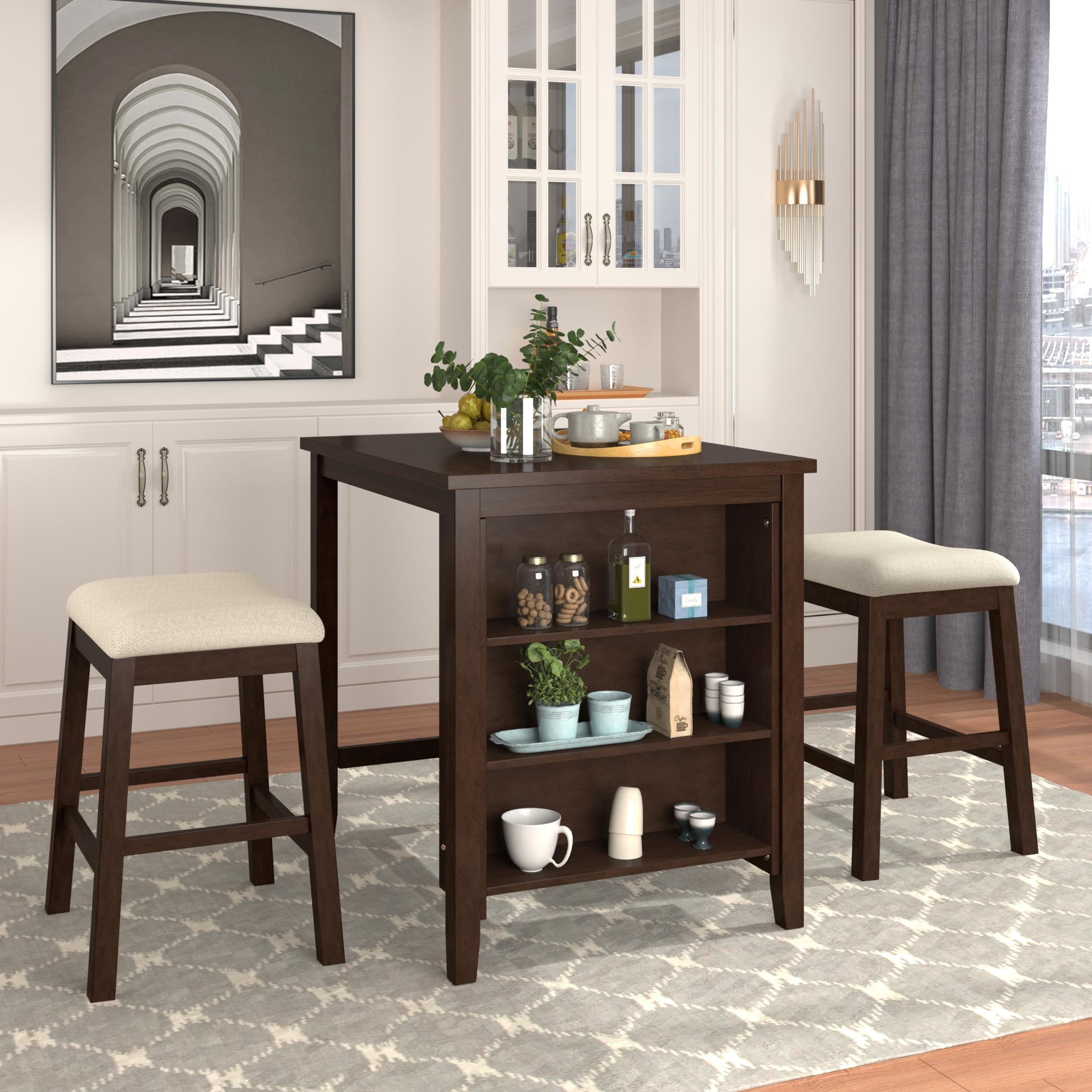 3 Piece Square Dining Table with 2 Padded Stools, Bar Table and Chairs ...