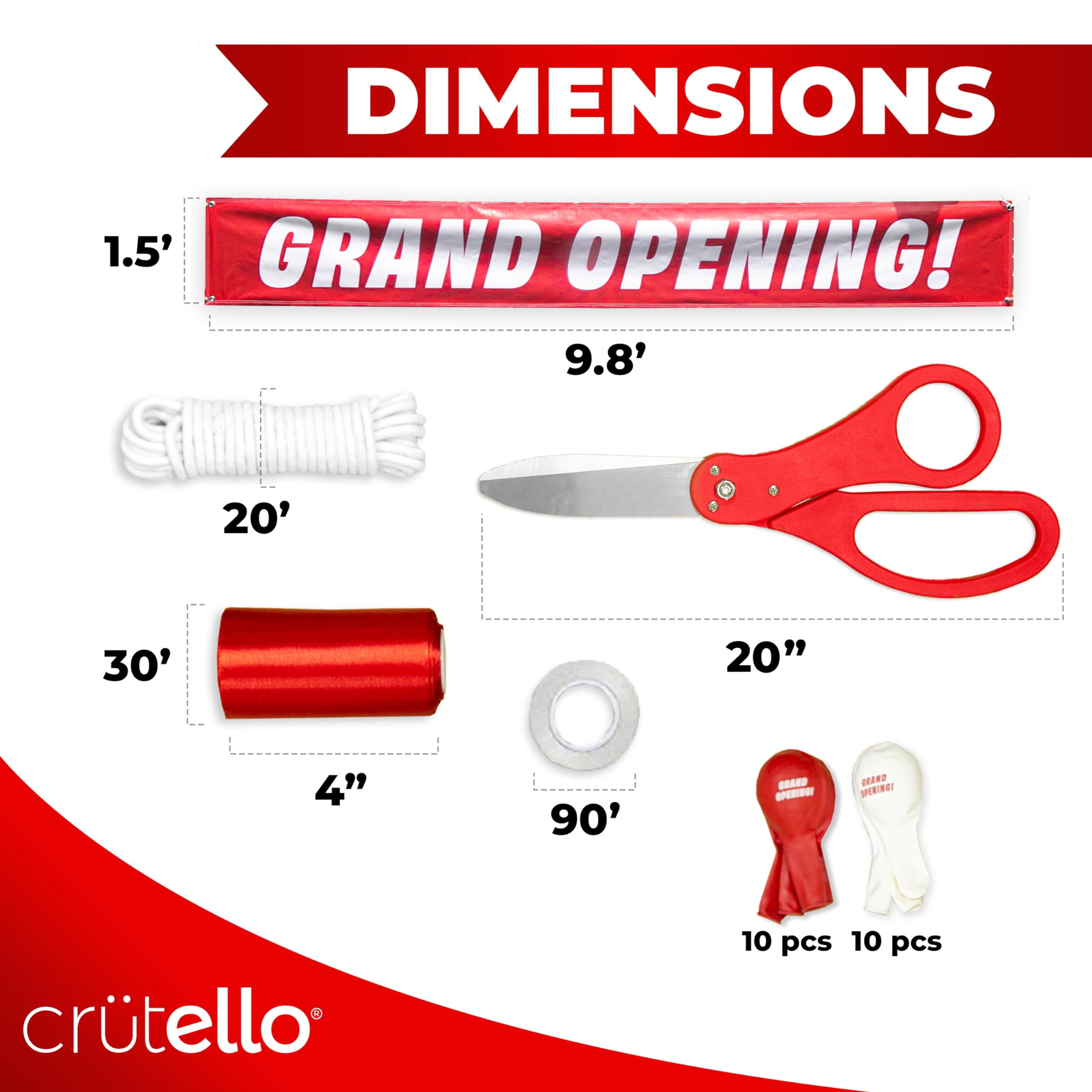 Crutello Deluxe Giant Ribbon Cutting Ceremony Kit Decorations - 20"Red Handled XL Giant Scissor, 30ft of 4"Wide Red Ribbon, 10ft Grand Opening Decorations Banner, 20 Balloons, Banner & Balloon Rope