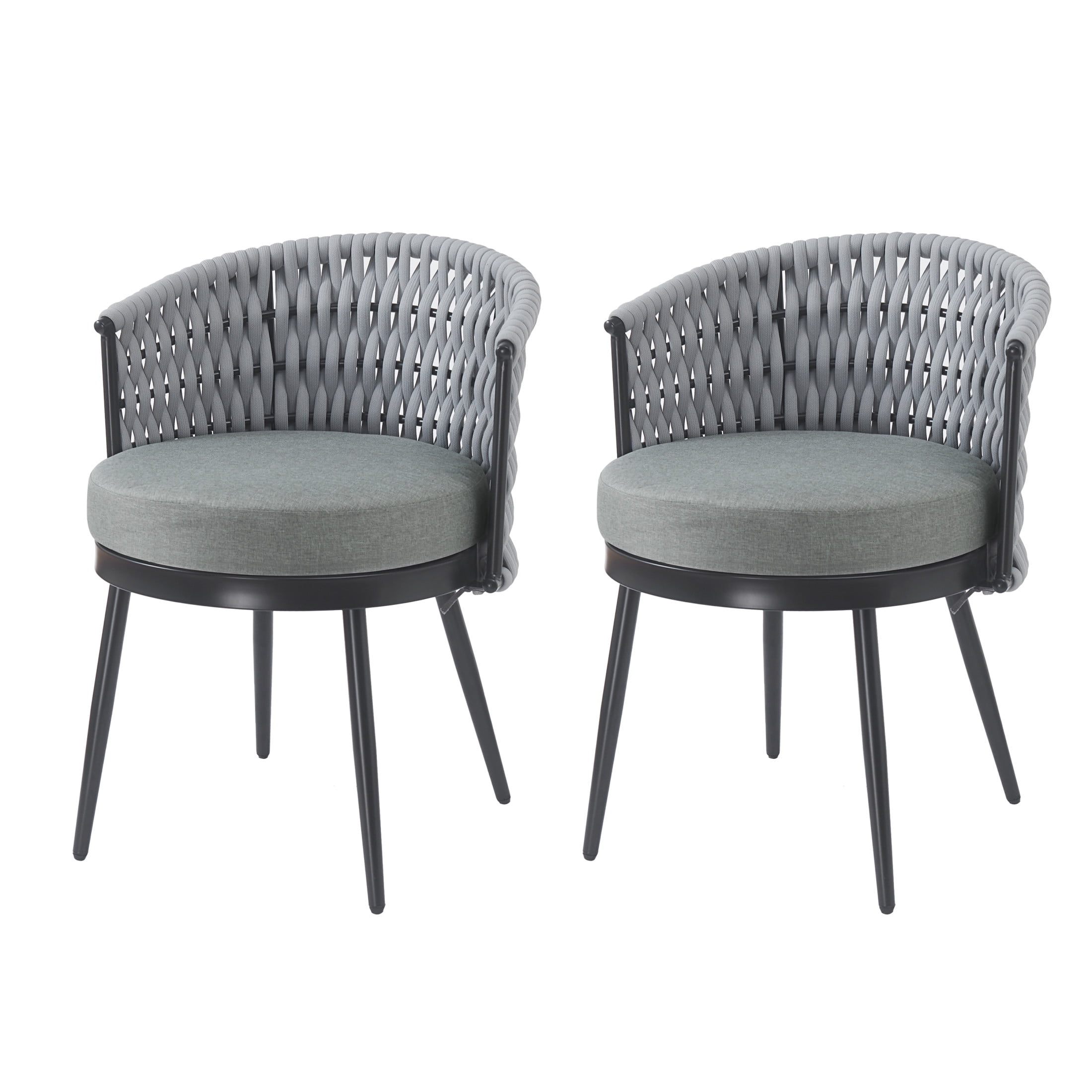 Christopher Knight Home Outdoor Patio Dining Chairs with Metal Frame, Rope Back and Light Gray Cushions, Set of 2