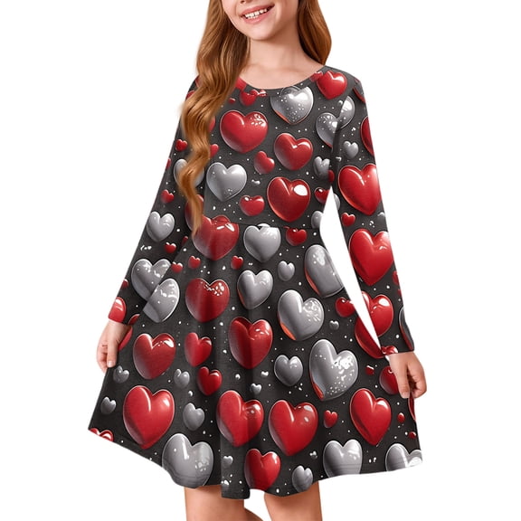 Abcomgle Valentines Dress for Kids Girls Cute Love Heart Midi Dress for Girls Cute A-Line Long Sleeve Dress Outfits Crewneck Casual Swing Dresses for Girls,