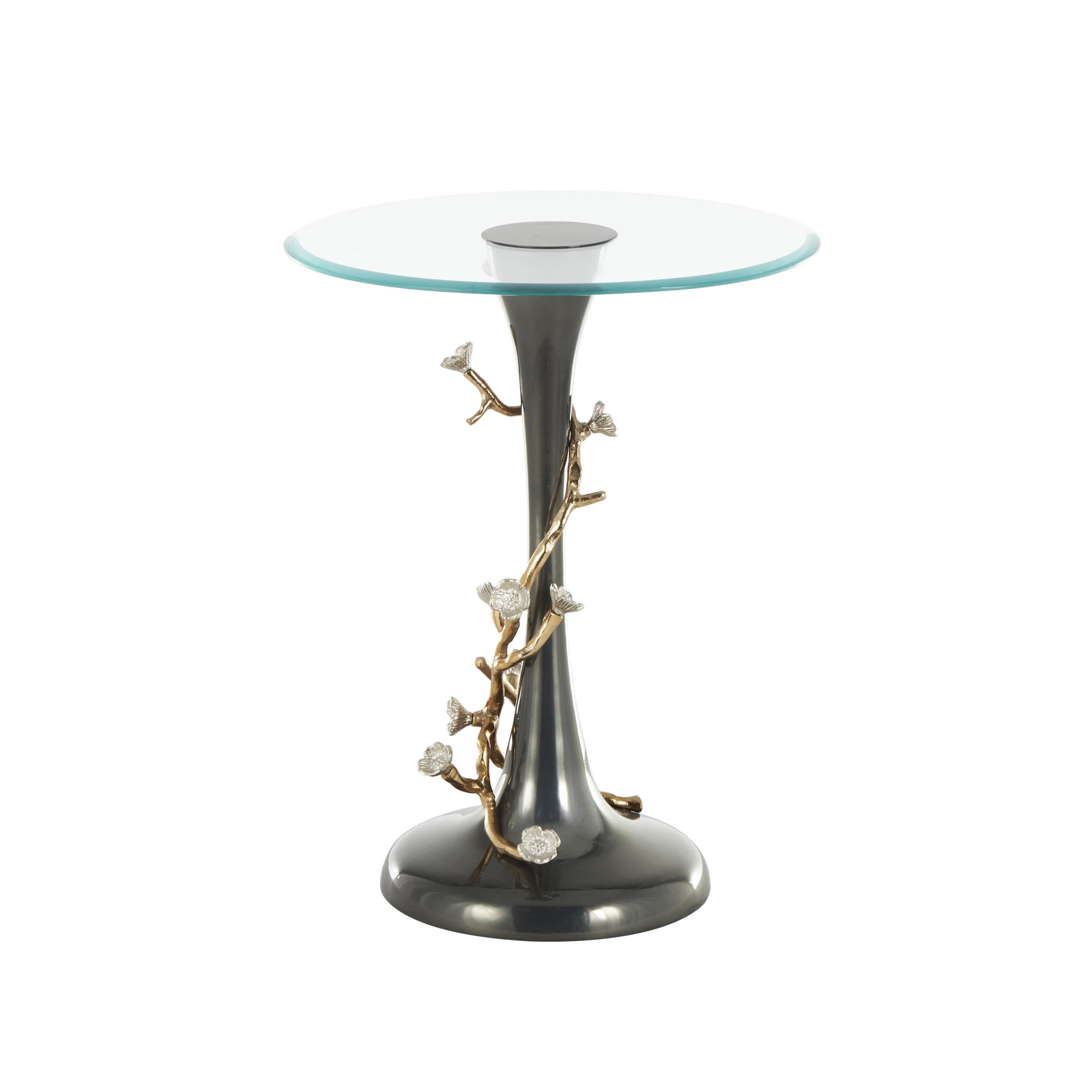 DecMode 18" x 23" Black Aluminum Metal Twisted Vine Floral Accent Table with Gold and Silver Accents and Glass Tabletop, 1-Piece