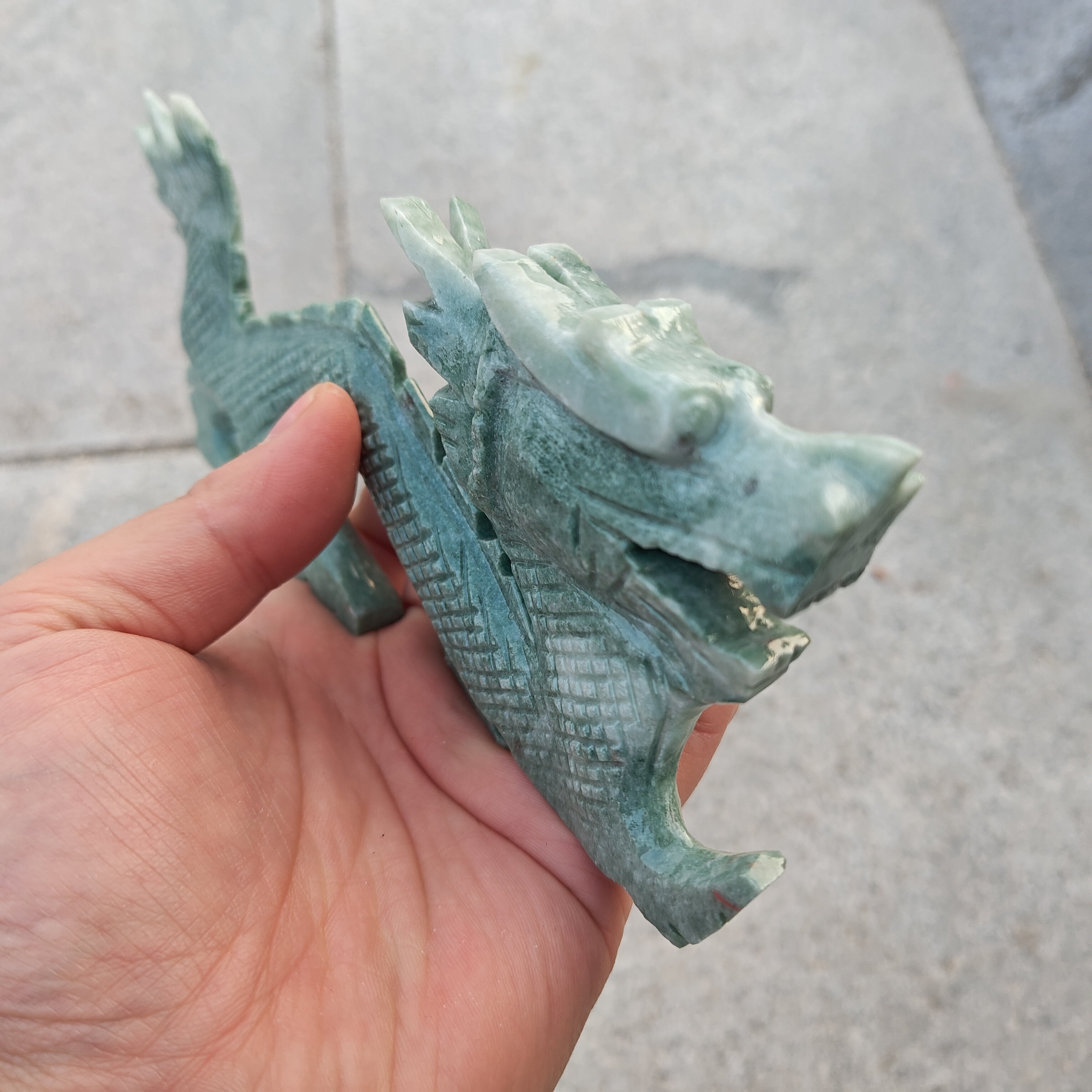 7.08inch Long Natural Green jade Dragon Statue Chinese Feng Shui Lucky Loong animal Figurine for Luck Success, Zodiac Crystal Healing Dragon