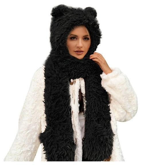 Glisme Winter Hat Women Windproof Three In One Hooded Cap Earflap Hat Long Scarf Gloves Set Thermal Earflap Hat Scarf Pocket Gloves Set Stylish Accessory Black